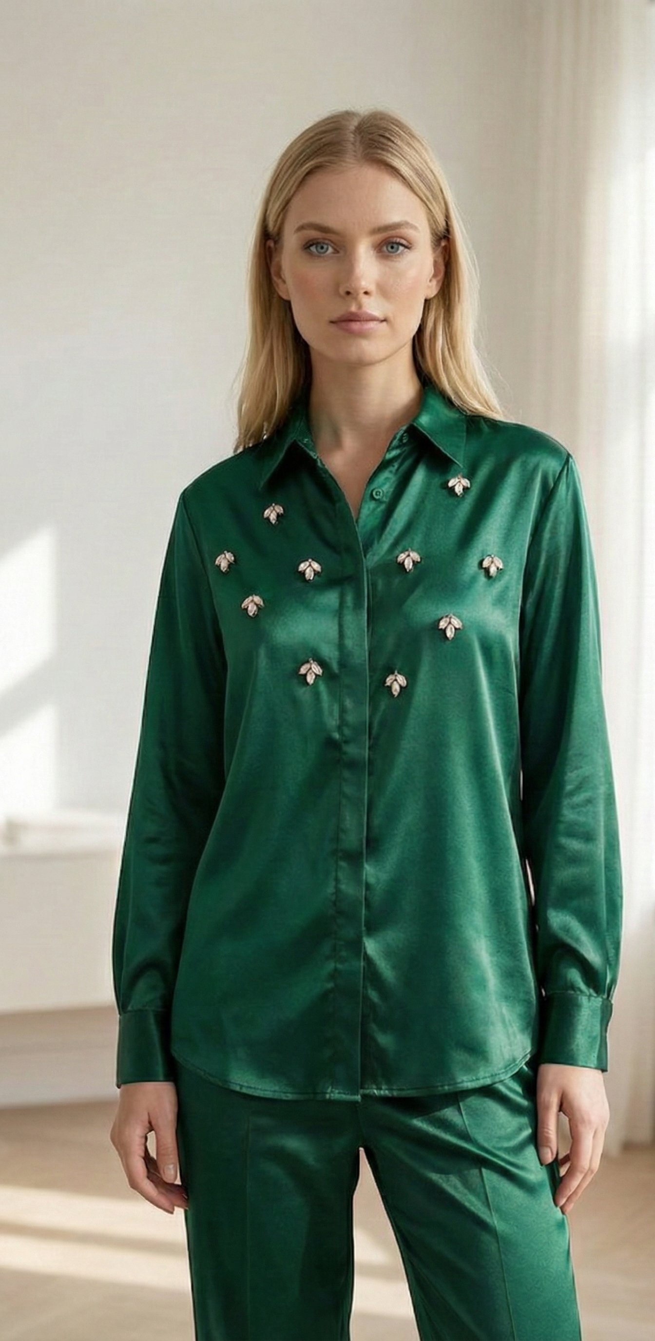 Woman in green satin shirt with bee embellishments and matching pants in bright indoor setting