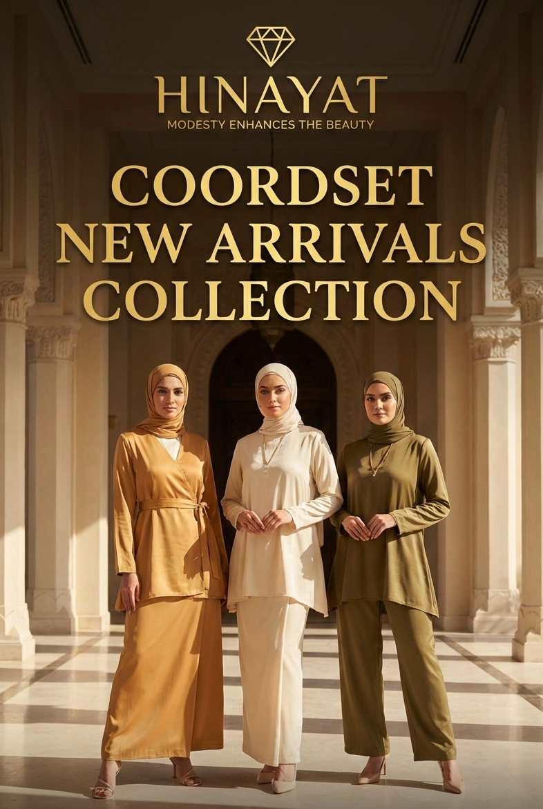Three women in hijabs standing in a decorative hallway with 'Hinayat' branding and text about new arrivals.
