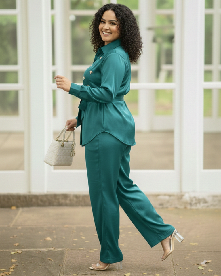 Woman in teal outfit walking outdoors with a white door and greenery in the background