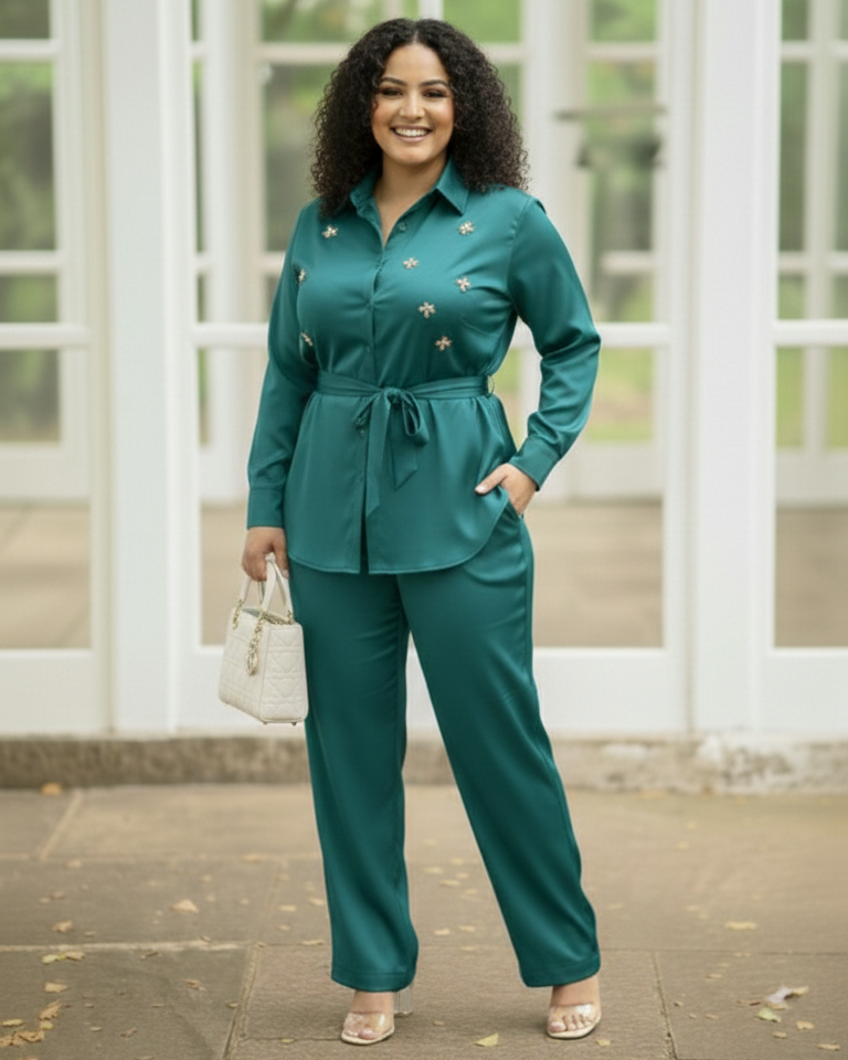 Woman in a teal outfit standing in front of a large window with a garden view.