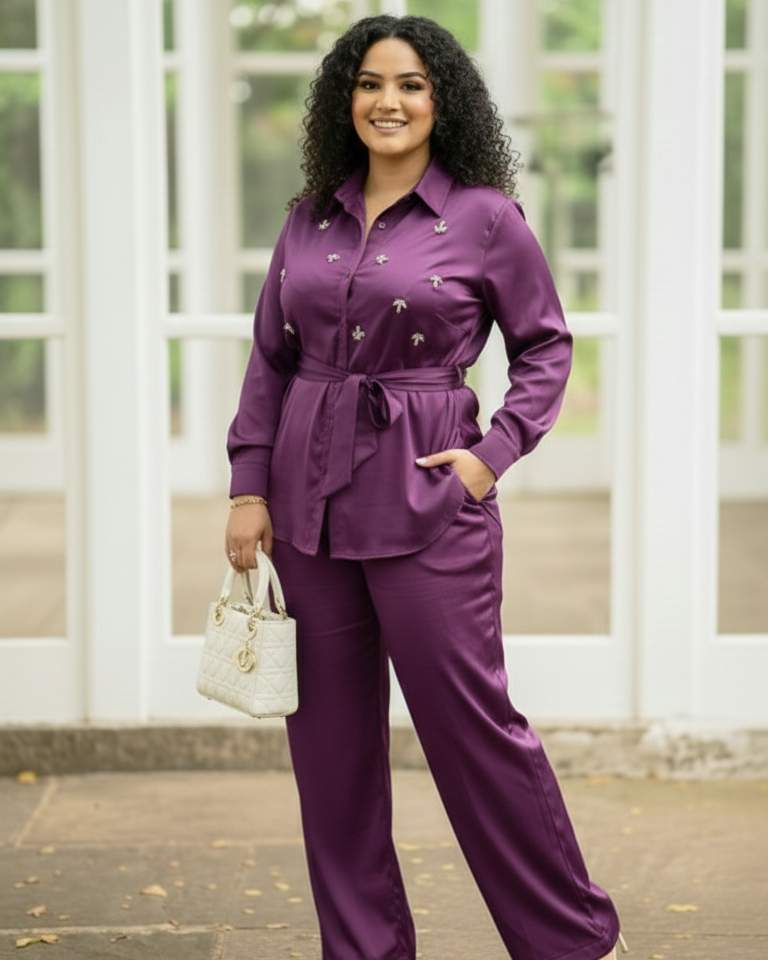 Woman in a purple outfit standing outdoors with a white background