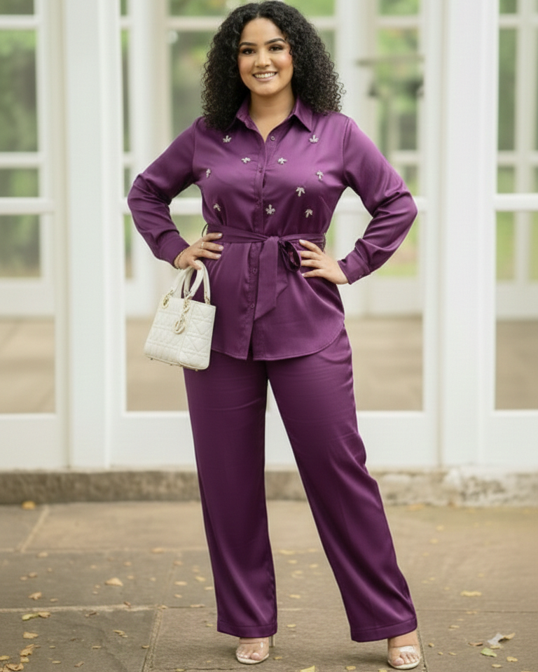 Woman in a purple outfit standing in front of a white window frame.